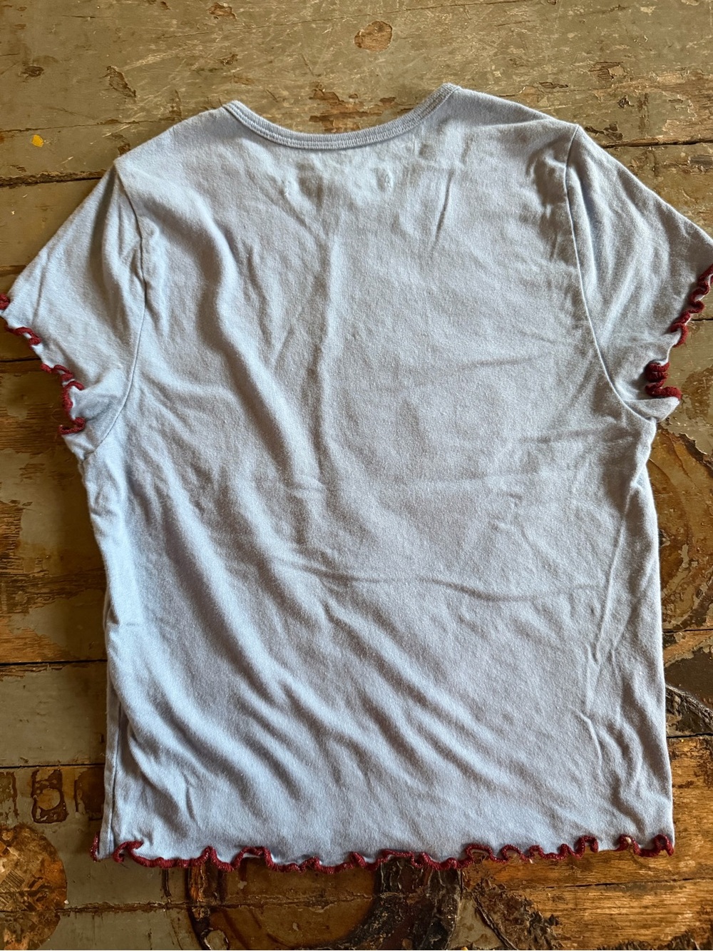 Kimchi Blue Boho Blue Paisley Flower Crewneck Tee with Maroon Scalloped Trim - Picture 5 of 6